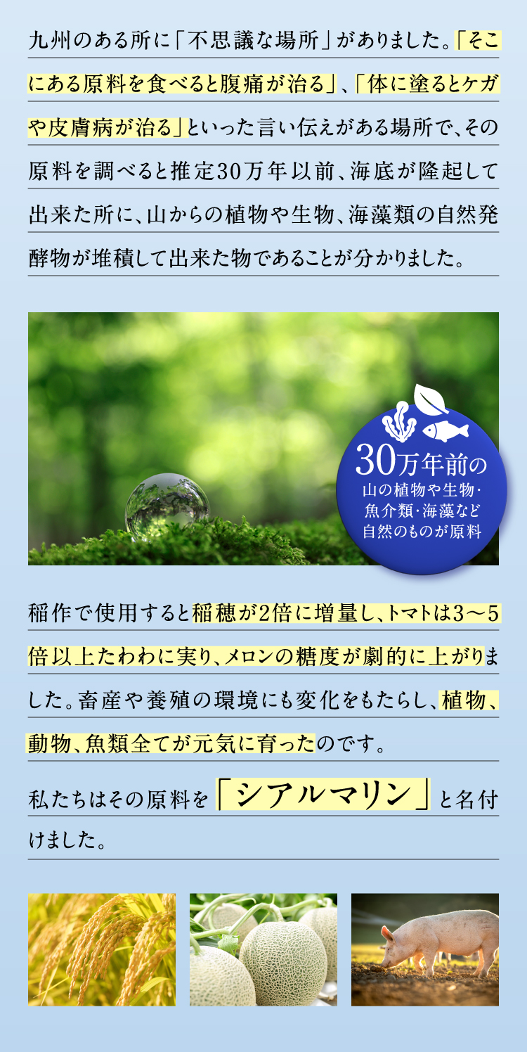 九州のある所に「不思議な場所」がありました。「そこにある原料を食べると腹痛が治る」、「体に塗るとケガや皮膚病が治る」といった言い伝えがある場所で、その原料を調べると推定30万年以前、海底が隆起して出来た所に、山からの植物や生物、海藻類の自然発酵物が堆積して出来た物であることが分かりました。稲作で使用すると稲穂が2倍に増量し、トマトは3～5倍以上たわわに実り、メロンの糖度が劇的に上がりました。畜産や養殖の環境にも変化をもたらし、植物、動物、魚類全てが元気に育ったのです。私たちはその原料を「シアルマリン」と名付けました。