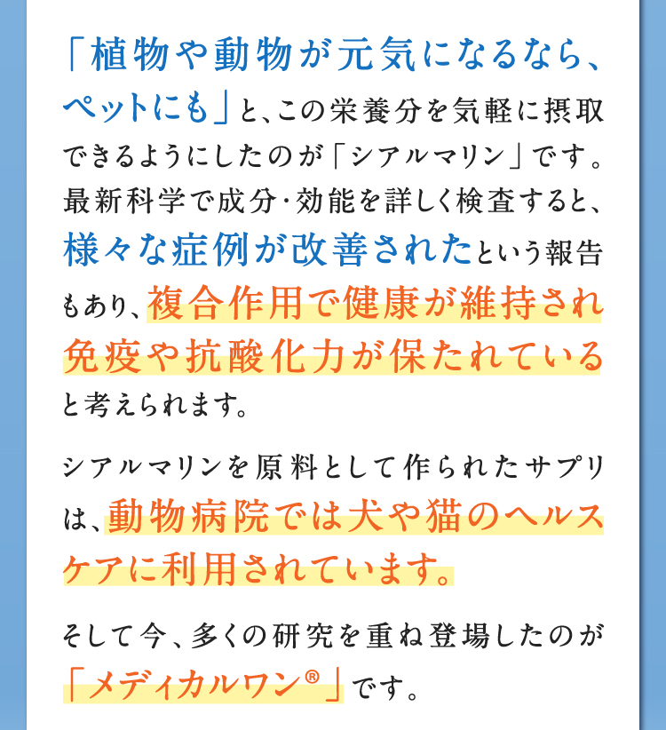 「植物や動物が元気になるなら、ペットにも」と、この栄養分を気軽に摂取できるようにしたのが「シアルマリン」です。最新科学で成分・効能を詳しく検査すると、様々な症例が改善されたという報告もあり、複合作用で健康が維持され免疫や抗酸化力が保たれていると考えられます。シアルマリンを原料として作られたサプリは、動物病院では犬や猫のヘルスケアに利用されています。そして今、多くの研究を重ね登場したのが「メディカルワン®️」です。
