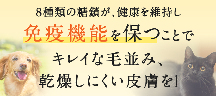 ８種類の糖鎖が、健康を維持し免疫機能を保つことでキレイな毛並み、乾燥しにくい皮膚を！